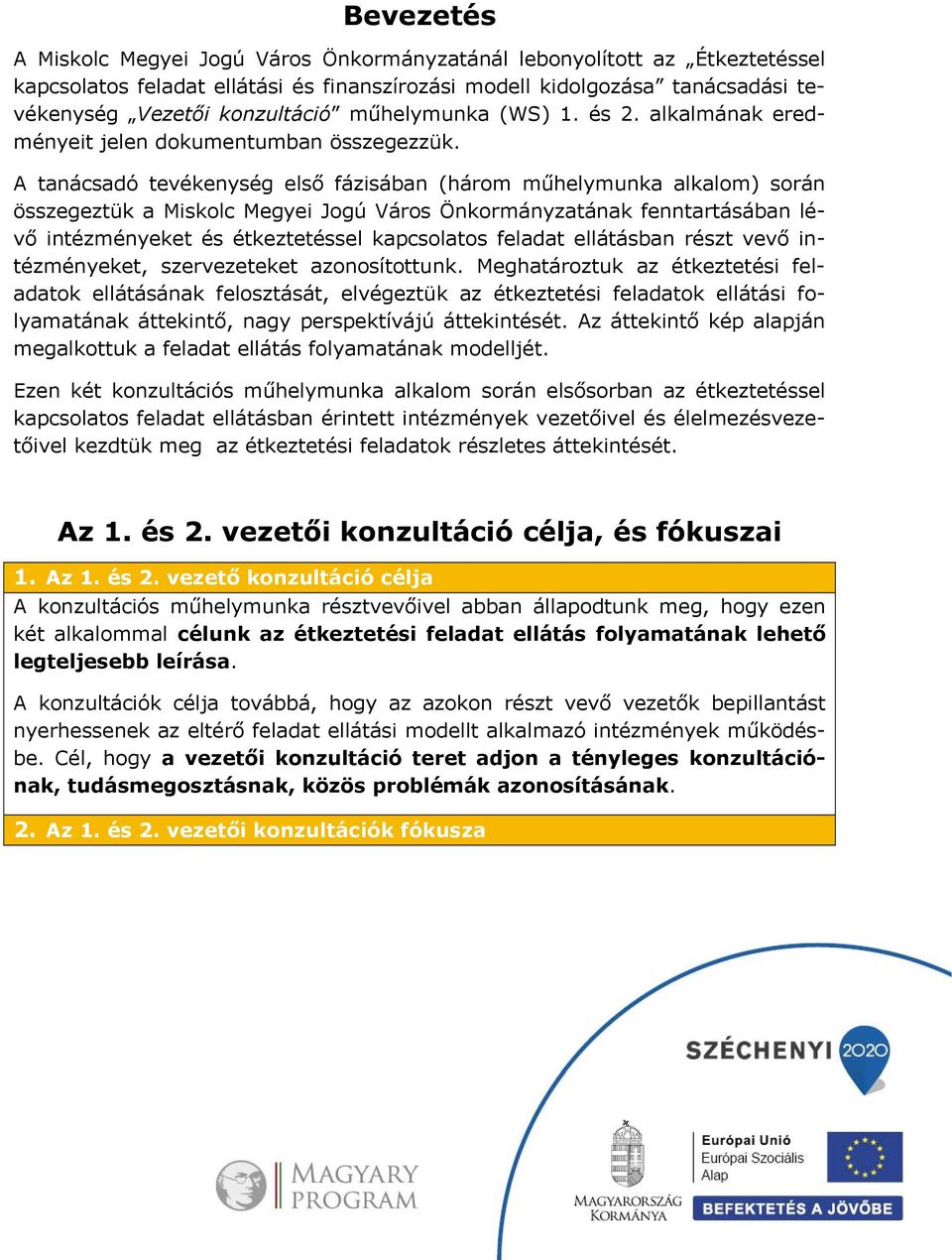 A tanácsadó tevékenység első fázisában (három műhelymunka alkalom) során összegeztük a Miskolc Megyei Jogú Város Önkormányzatának fenntartásában lévő intézményeket és étkeztetéssel kapcsolatos