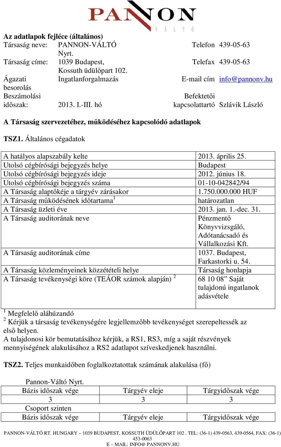 Általános cégadatok A hatályos alapszabály kelte 2013. április 25. Utolsó cégbírósági bejegyzés helye Budapest Utolsó cégbírósági bejegyzés ideje 2012. június 18.