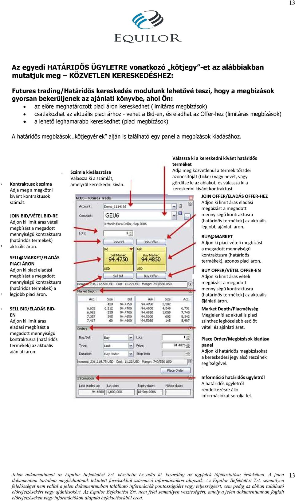 (limitáras megbízások) a lehetı leghamarabb kereskedhet (piaci megbízások) A határidıs megbízások kötjegyének alján is található egy panel a megbízások kiadásához.