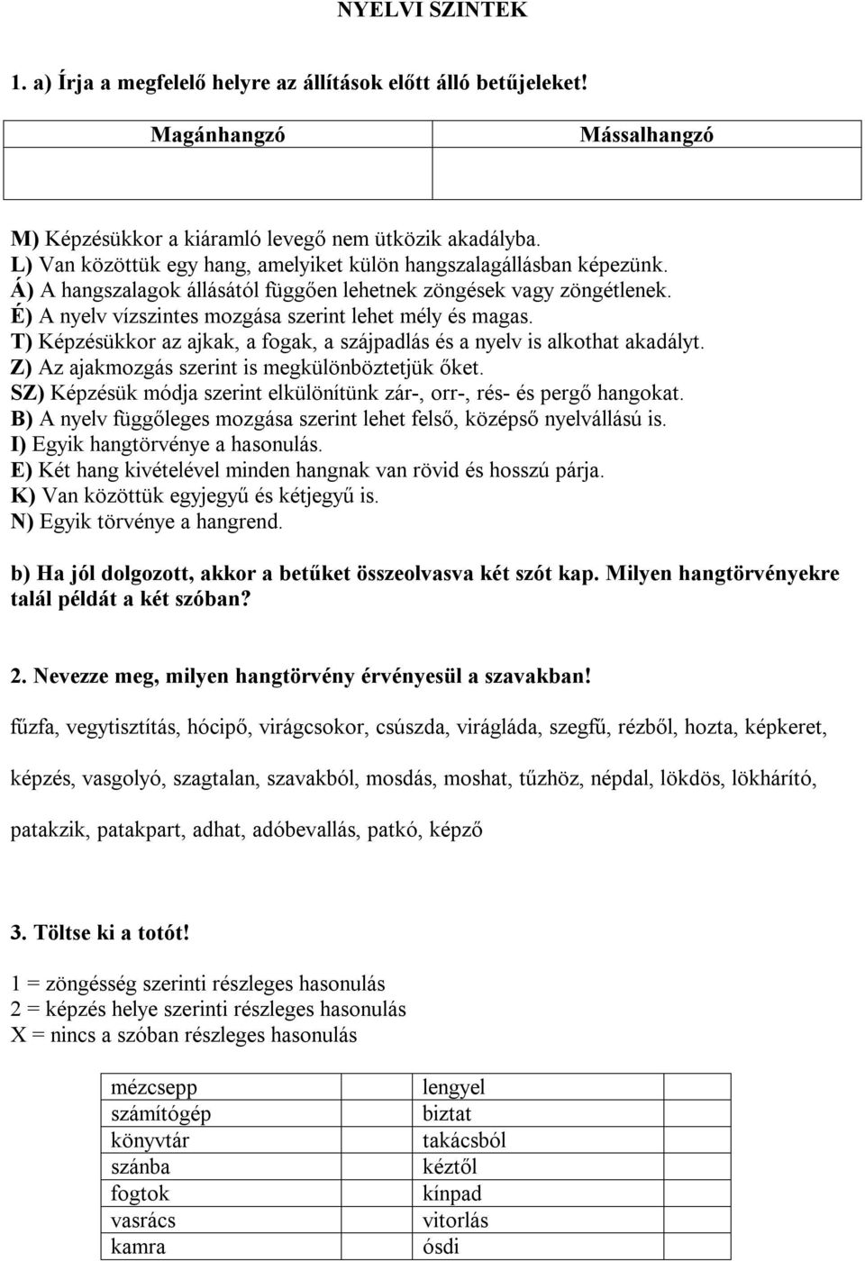 É) A nyelv vízszintes mozgása szerint lehet mély és magas. T) Képzésükkor az ajkak, a fogak, a szájpadlás és a nyelv is alkothat akadályt. Z) Az ajakmozgás szerint is megkülönböztetjük őket.