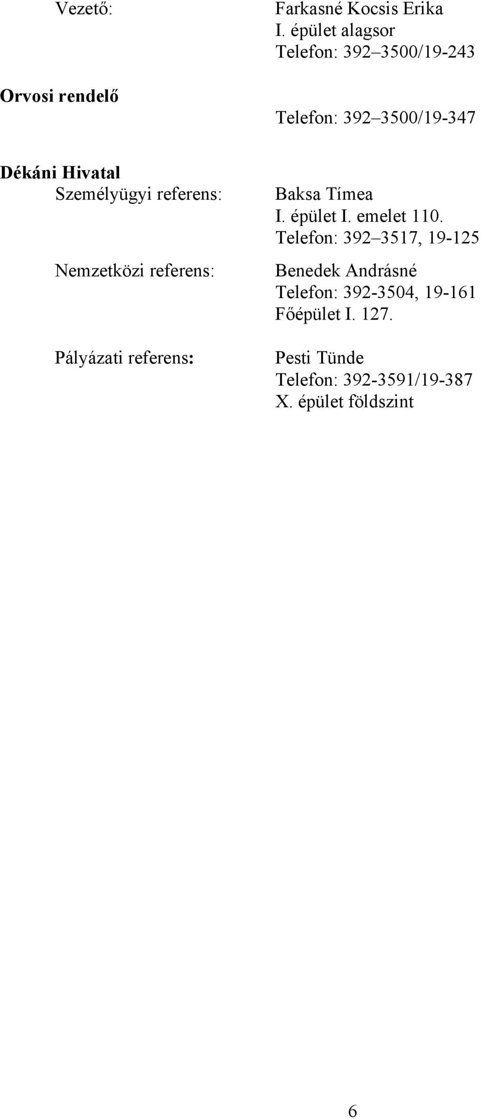 referens: Nemzetközi referens: Pályázati referens: Baksa Tímea I. épület I. emelet 110.