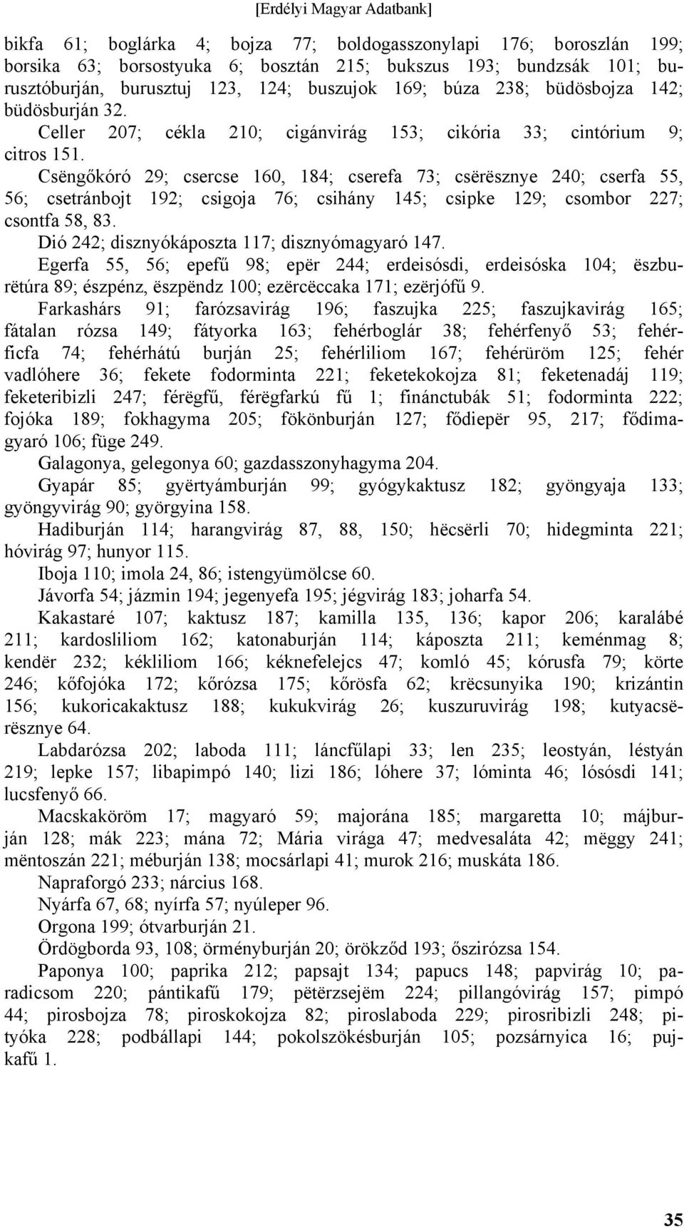 Csëngőkóró 29; csercse 160, 184; cserefa 73; csërësznye 240; cserfa 55, 56; csetránbojt 192; csigoja 76; csihány 145; csipke 129; csombor 227; csontfa 58, 83.