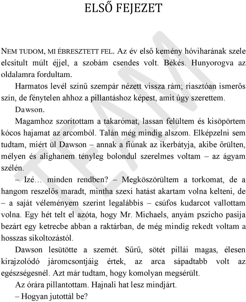 Magamhoz szorítottam a takarómat, lassan felültem és kisöpörtem kócos hajamat az arcomból. Talán még mindig alszom.