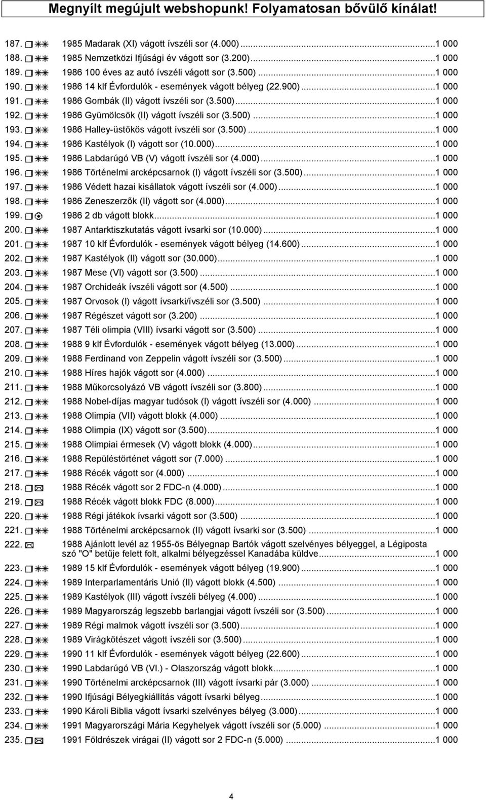 1986 Gyümölcsök (II) vágott ívszéli sor (3.500)...1 000 193. 1986 Halley-üstökös vágott ívszéli sor (3.500)...1 000 194. 1986 Kastélyok (I) vágott sor (10.000)...1 000 195.