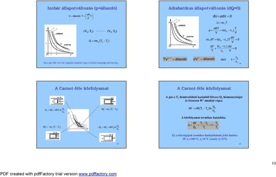 37 38 ahol c κ c p A Carnot-féle körfolyamat A Carnot-féle körfolyamat A gáz a hőmérsékletű kazánból felesz Q hőmennyiséget és összesen W munkát égez.