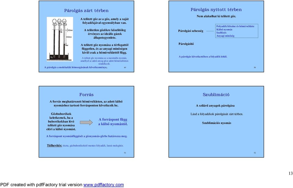 Folyadék felszíne és hőmérséklete Külső nyomás Szellőzés Anyagi minőség A telített gőz nyomása a térfogattól független, és az anyagi minőségen kíül csak a hőmérséklettől függ.