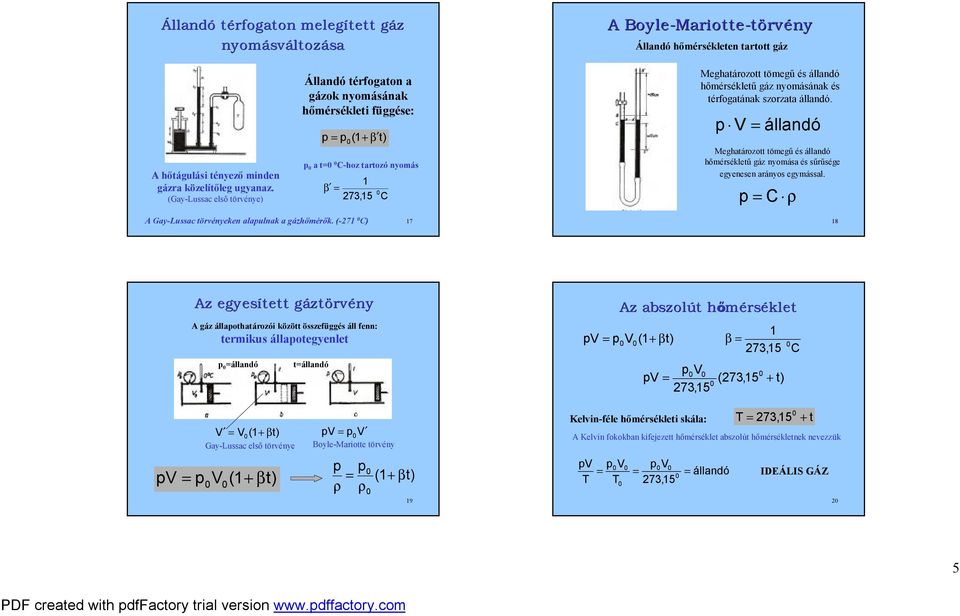 térfogatának szorzata állandó. p állandó Meghatározott tömegű és állandó hőmérsékletű gáz nyomása és sűrűsége egyenesen arányos egymással. p C ρ A Gay-Lussactörényeken alapulnak a gázhőmérők.