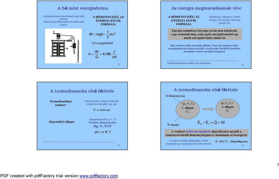 W mgh m Q is megmérhető W A Q 4,86 J cal Energia semmilyen folyamat során nem keletkezik, agy semmisül meg, csak egyik energiaformából egy másik energiaformába alakul át.