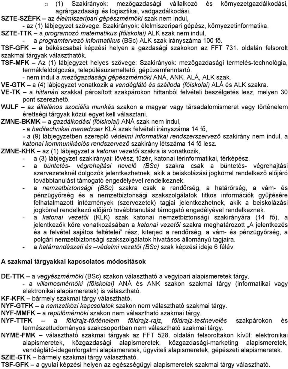 TTK a programozó matematikus (főiskolai) ALK szak nem indul, - a programtervező informatikus (BSc) ALK szak irányszáma 100 fő. TSF-GFK a békéscsabai képzési helyen a gazdasági szakokon az FFT 731.