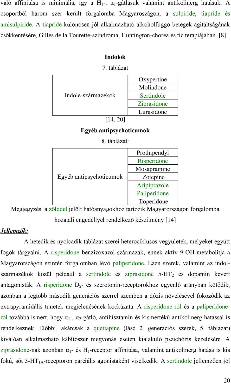 táblázat Indole-származékok [14, 20] Egyéb antipsychoticumok 8.