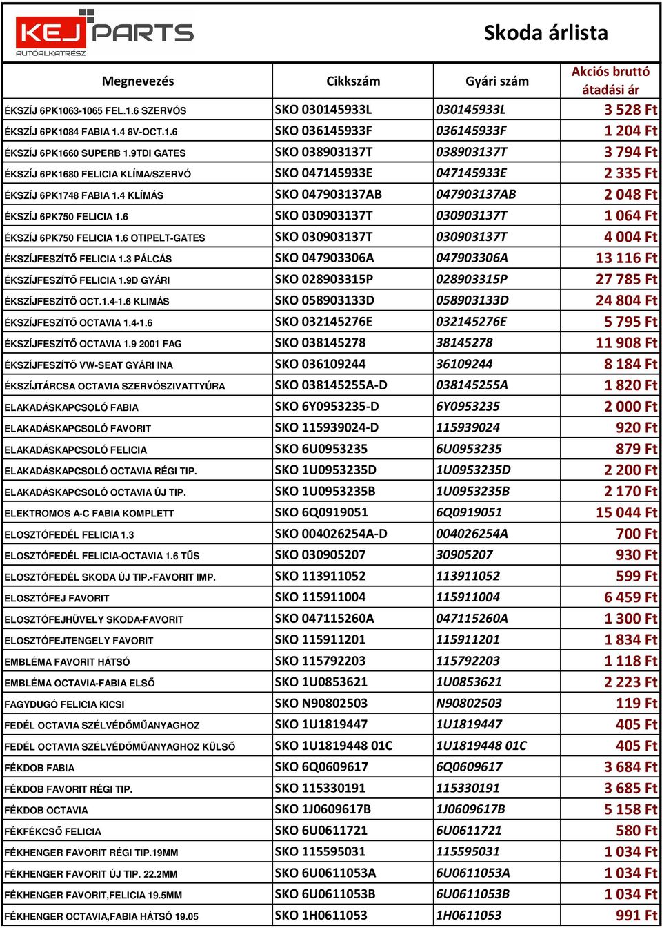 4 KLÍMÁS SKO 047903137AB 047903137AB 2048 Ft ÉKSZÍJ 6PK750 FELICIA 1.6 SKO 030903137T 030903137T 1064 Ft ÉKSZÍJ 6PK750 FELICIA 1.