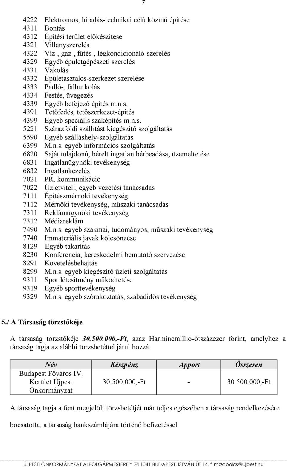 n.s. 5221 Szárazföldi szállítást kiegészítő szolgáltatás 5590 Egyéb szálláshely-szolgáltatás 6399 M.n.s. egyéb információs szolgáltatás 6820 Saját tulajdonú, bérelt ingatlan bérbeadása, üzemeltetése