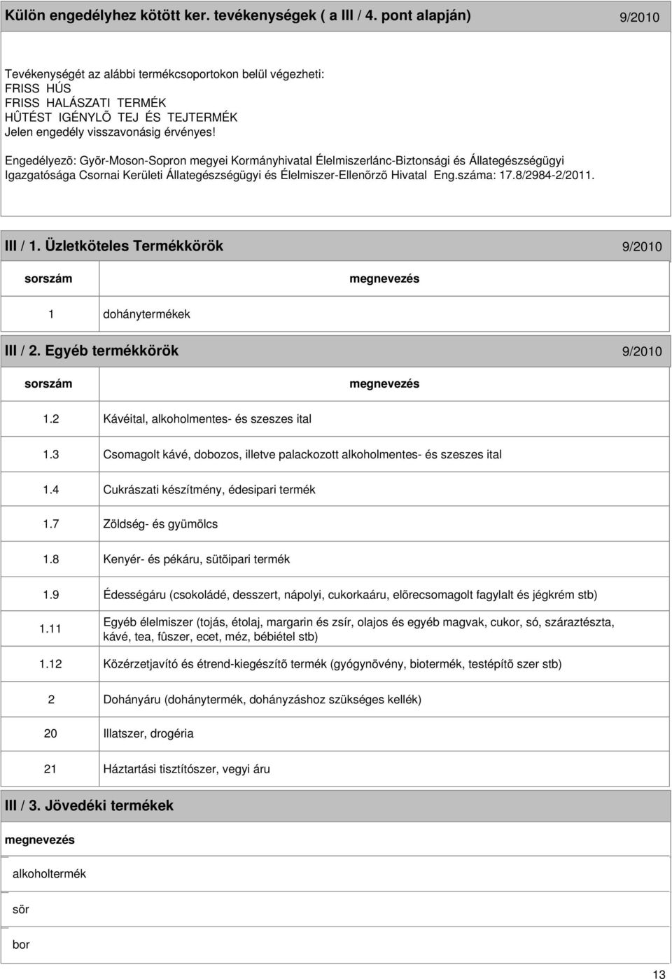 Engedélyezõ: Gyõr-Moson-Sopron megyei Kormányhivatal Élelmiszerlánc-Biztonsági és Állategészségügyi Igazgatósága Csornai Kerületi Állategészségügyi és Élelmiszer-Ellenõrzõ Hivatal Eng.: 17.