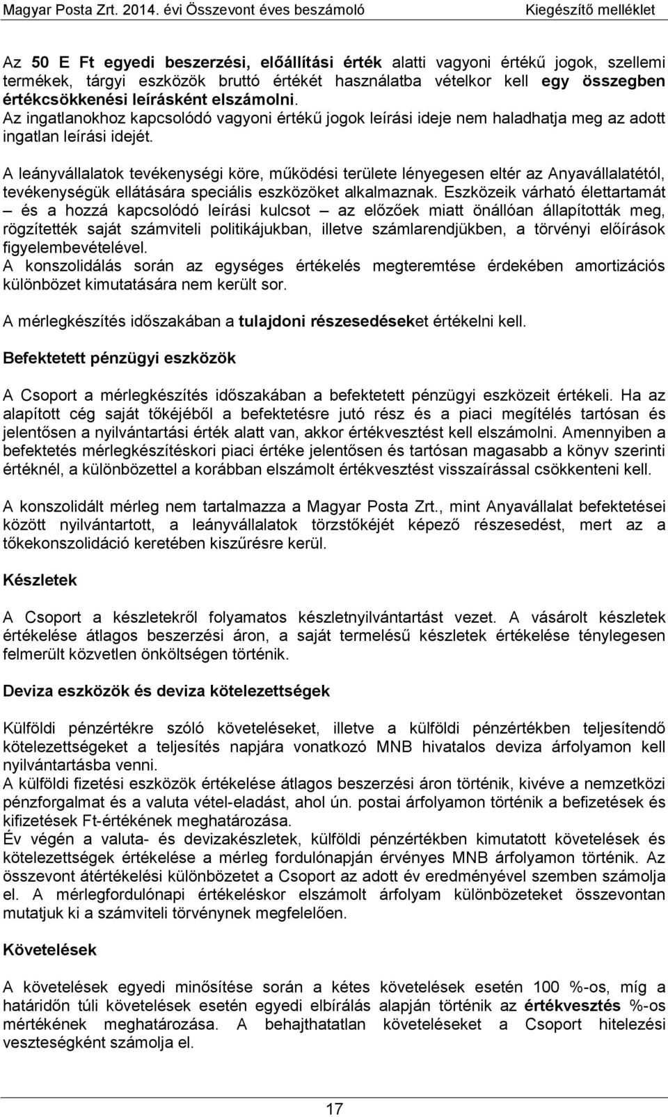 A leányvállalatok tevékenységi köre, működési területe lényegesen eltér az Anyavállalatétól, tevékenységük ellátására speciális eszközöket alkalmaznak.