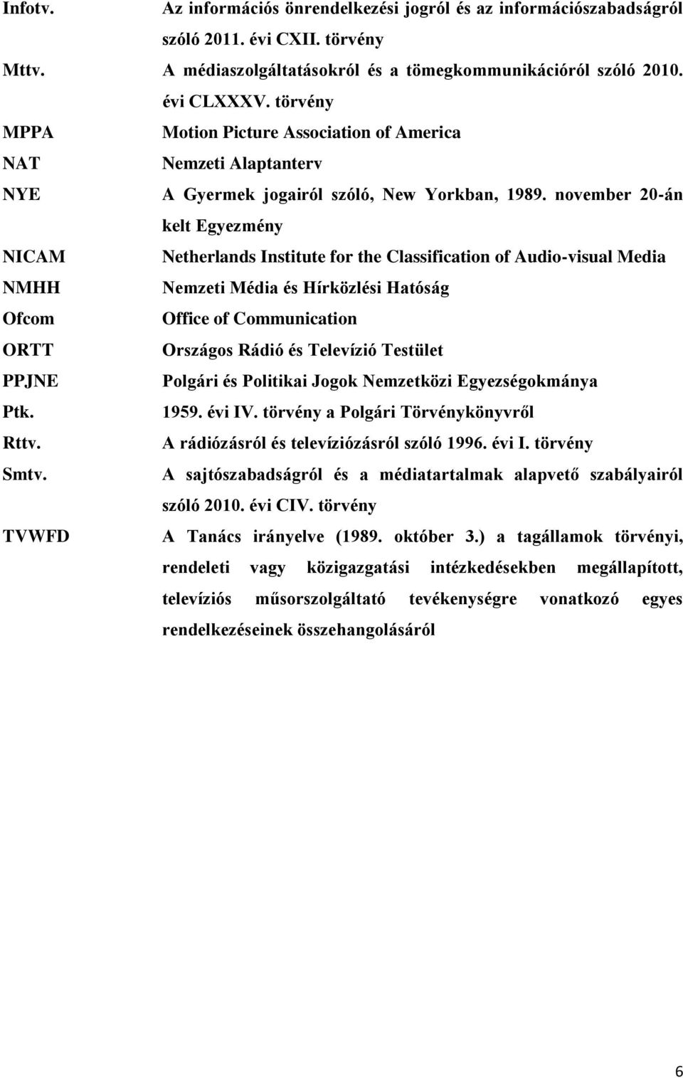 november 20-án kelt Egyezmény NICAM Netherlands Institute for the Classification of Audio-visual Media NMHH Nemzeti Média és Hírközlési Hatóság Ofcom Office of Communication ORTT Országos Rádió és