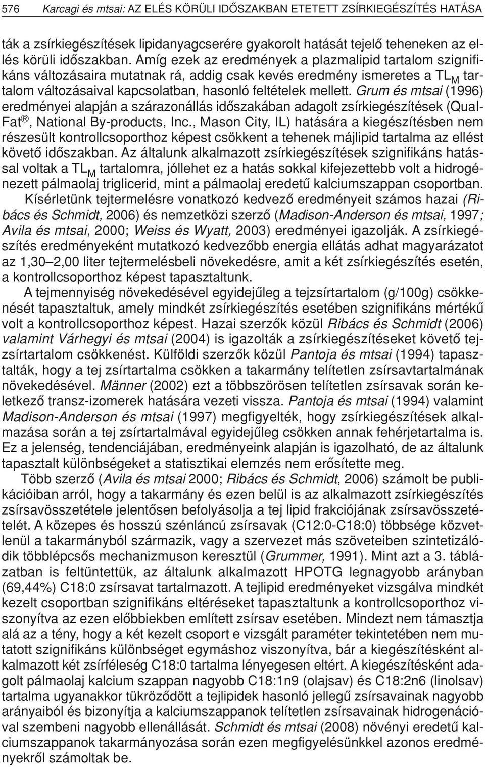 Grum és mtsai (1996) eredményei alapján a szárazonállás idôszakában adagolt zsírkiegészítések (QuaI- Fat, National By-products, Inc.