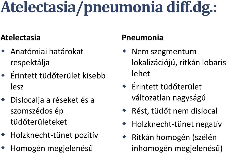 és a szomszédos ép tüdőterületeket Holzknecht-tünet pozitív Homogén megjelenésű Pneumonia Nem