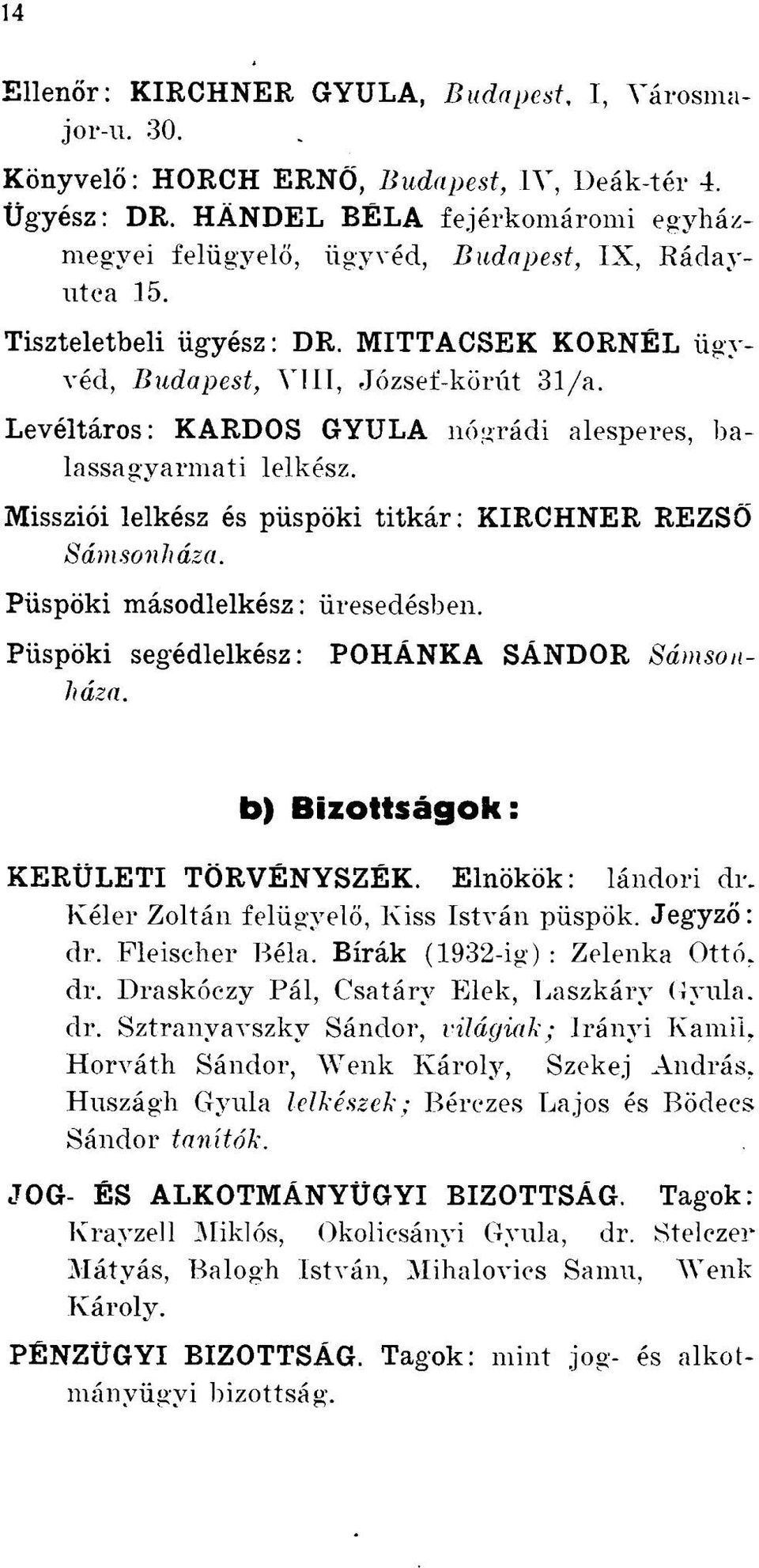 Levéltáros: KARDOS GYULA nógrádi alesperes, balassagyarmati lelkész. Missziói lelkész és püspöki titkár: KIRCHNER REZSŐ Sámsonháza. Püspöki másodlelkész: üresedésben.