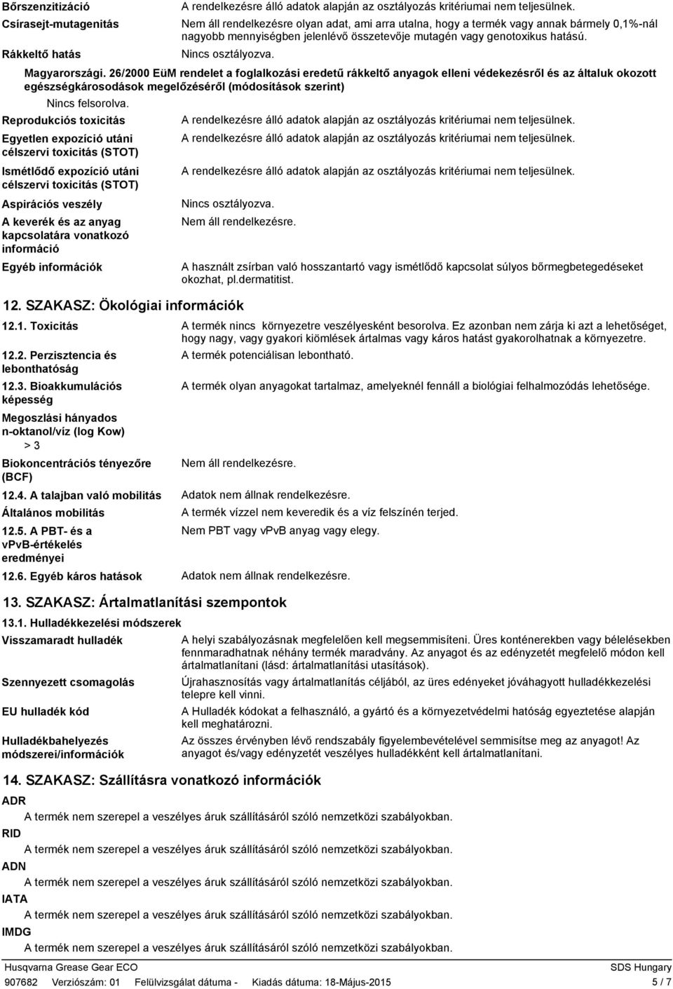 Rákkeltő hatás Nincs osztályozva. Magyarországi.