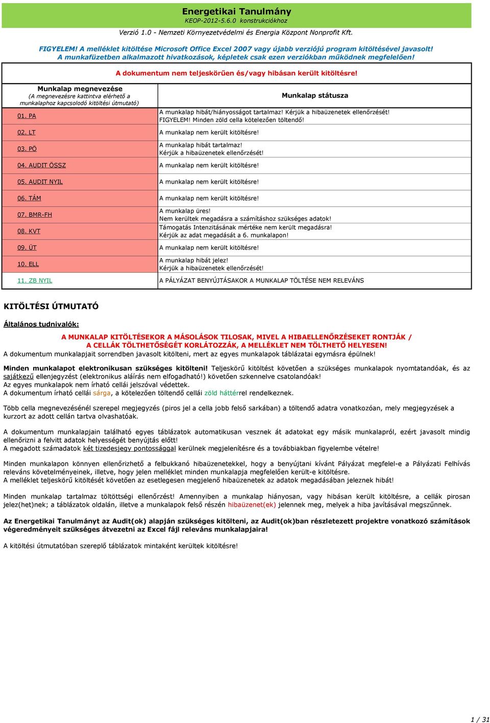 A dokumentum nem teljeskörűen és/vagy hibásan került kitöltésre! 1 1 1 1 Munkalap megnevezése (A megnevezésre kattintva elérhető a munkalaphoz kapcsolodó kitöltési útmutató) 1. PA 2. LT 3. PÖ 4.