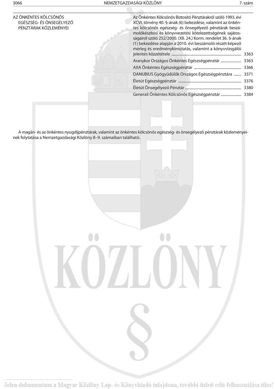 -ának (1) bekezdése alapján a 2010. évi részét képezõ mérleg és eredménykimutatás, valamint a könyvvizsgálói jelentés közzététele... 3363 Aranykor Országos Önkéntes Egészségpénztár.