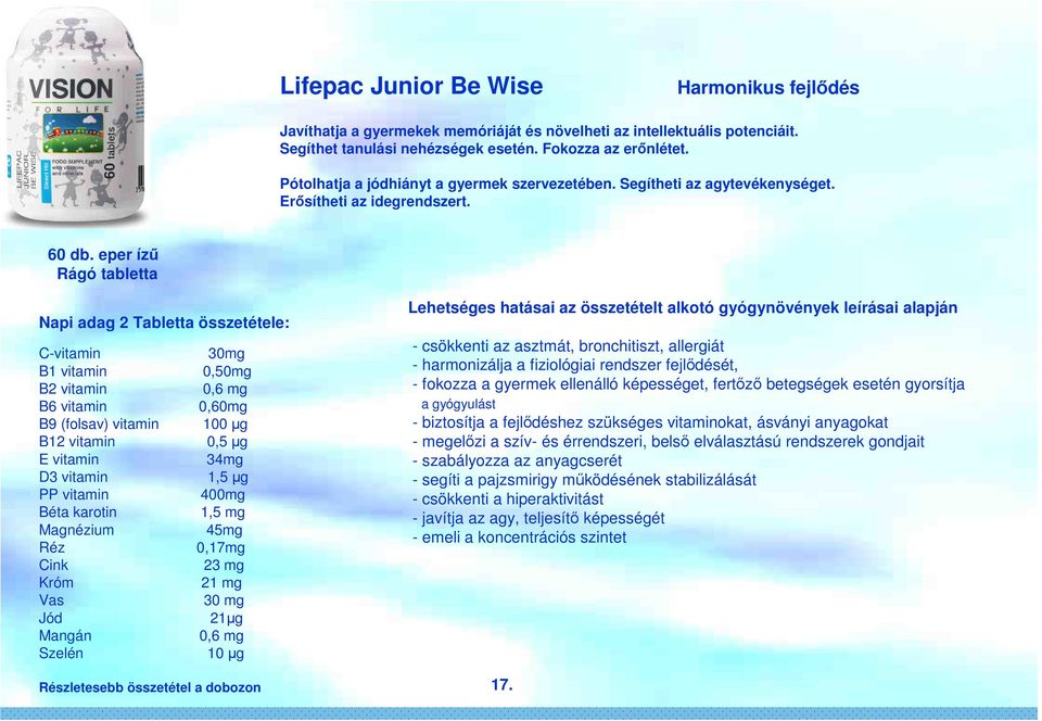 eper ízű Rágó tabletta Napi adag 2 Tabletta összetétele: C-vitamin 30mg B1 vitamin 0,50mg B2 vitamin 0,6 mg B6 vitamin 0,60mg B9 (folsav) vitamin 100 µg B12 vitamin 0,5 µg E vitamin 34mg D3 vitamin