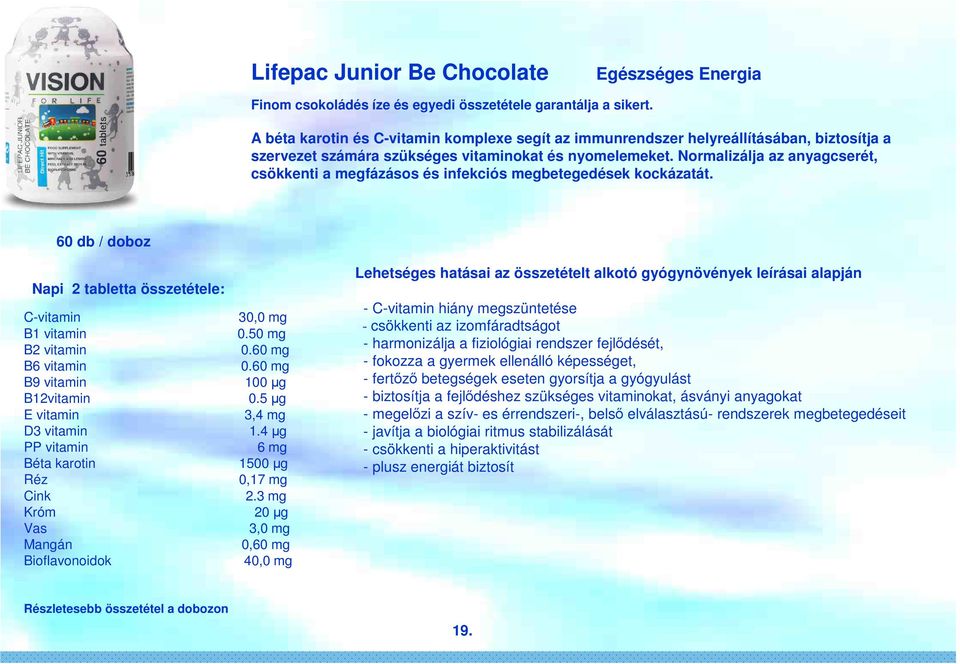 Normalizálja az anyagcserét, csökkenti a megfázásos és infekciós megbetegedések kockázatát. 60 db / doboz Napi 2 tabletta összetétele: C-vitamin 30,0 mg B1 vitamin 0.50 mg B2 vitamin 0.