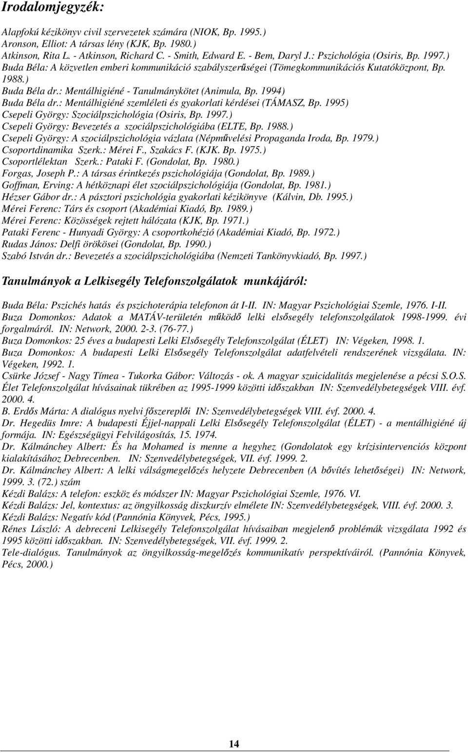 : Mentálhigiéné - Tanulmánykötet (Animula, Bp. 1994) Buda Béla dr.: Mentálhigiéné szemléleti és gyakorlati kérdései (TÁMASZ, Bp. 1995) Csepeli György: Szociálpszichológia (Osiris, Bp. 1997.