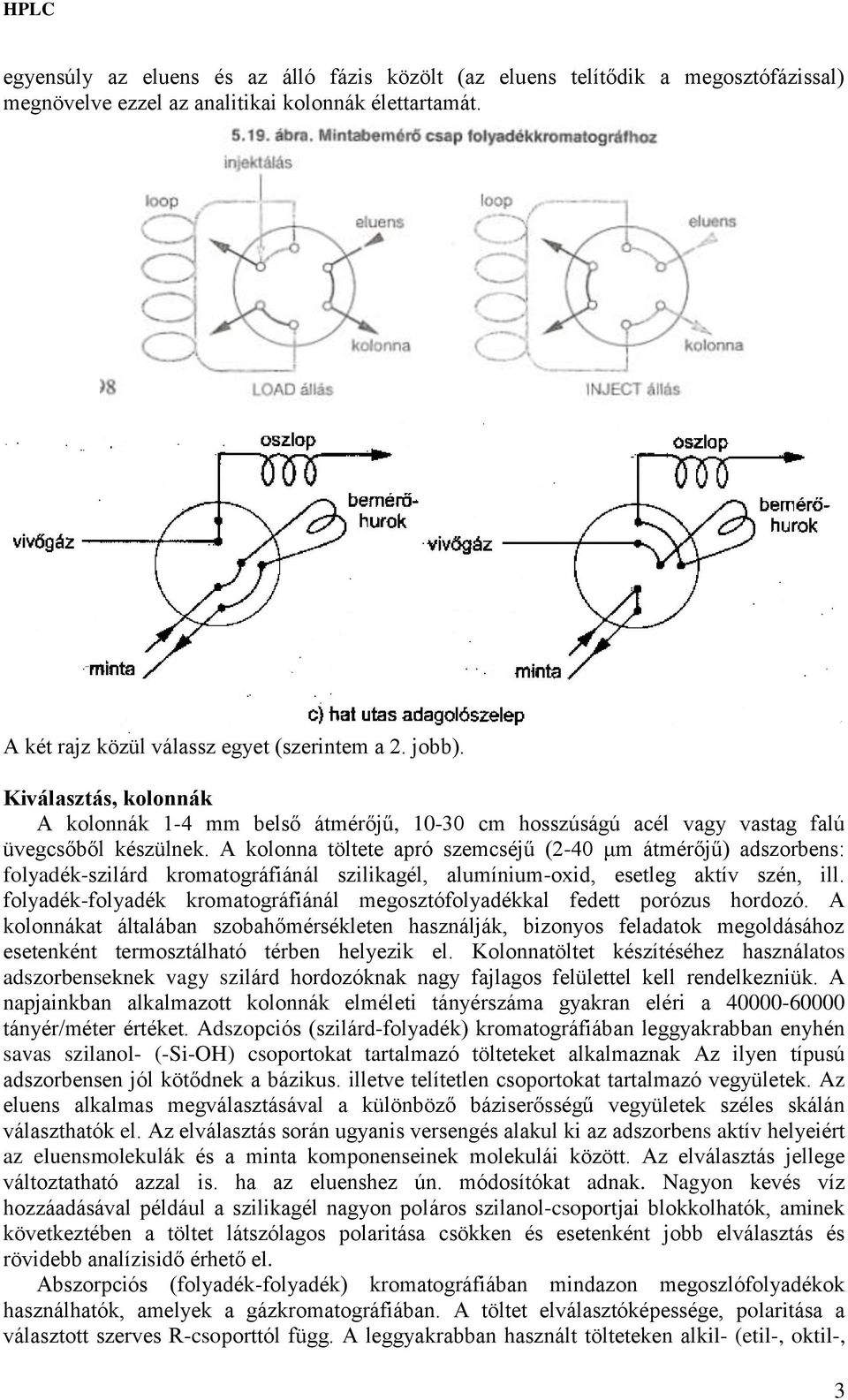 A kolonna töltete apró szemcséjű (2-40 μm átmérőjű) adszorbens: folyadék-szilárd kromatográfiánál szilikagél, alumínium-oxid, esetleg aktív szén, ill.