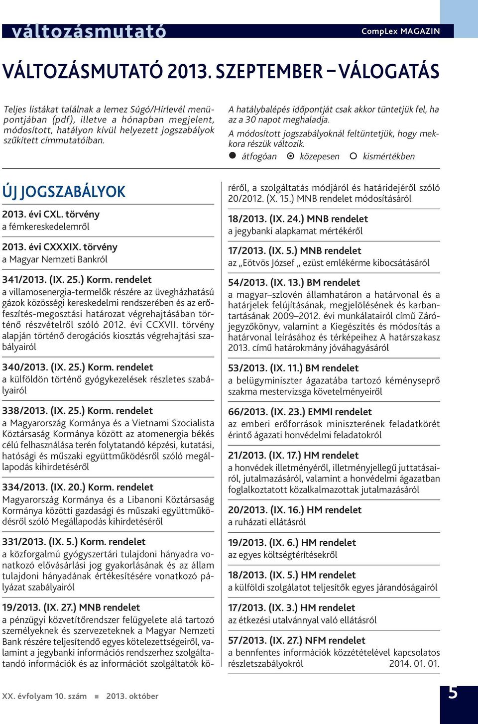 A hatálybalépés időpontját csak akkor tüntetjük fel, ha az a 30 napot meghaladja. A módosított jogszabályoknál feltüntetjük, hogy mekkora részük változik.