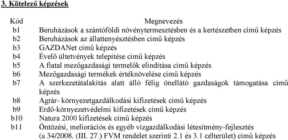 szerkezetátalakítás alatt álló félig önellátó gazdaságok támogatása című képzés Agrár- környezetgazdálkodási kifizetések című képzés Erdő-környezetvédelmi kifizetések című képzés