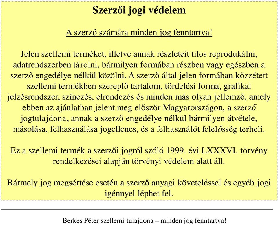 A szerző által jelen formában közzétett szellemi termékben szereplő tartalom, tördelési forma, grafikai jelzésrendszer, színezés, elrendezés és minden más olyan jellemző, amely ebben az ajánlatban