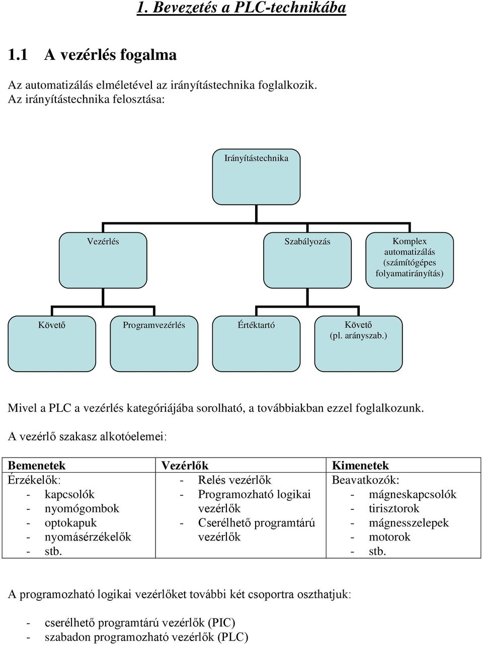 ) Mivel a PLC a vezérlés kategóriájába sorolható, a továbbiakban ezzel foglalkozunk.