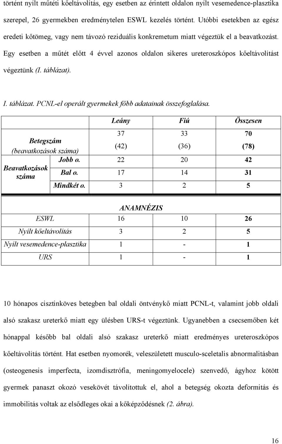 Egy esetben a m tét el tt 4 évvel azonos oldalon sikeres ureteroszkópos k eltávolítást végeztünk (I. táblázat). I. táblázat. PCNL-el operált gyermekek f bb adatainak összefoglalása.