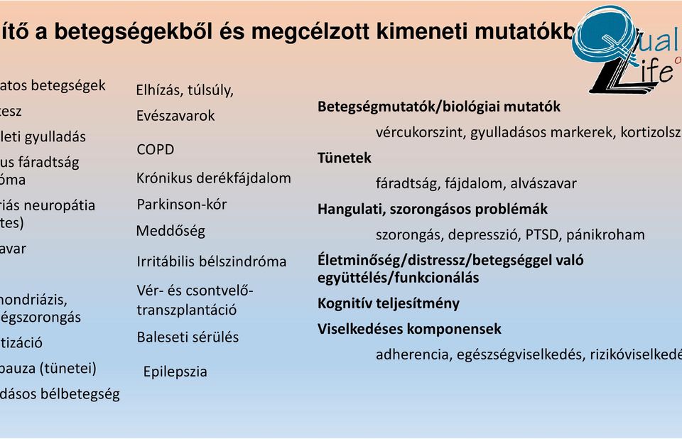 Epilepszia Betegségmutatók/biológiai mutatók vércukorszint, gyulladásos markerek, kortizolszi Tünetek fáradtság, fájdalom, alvászavar Hangulati, szorongásos problémák szorongás,