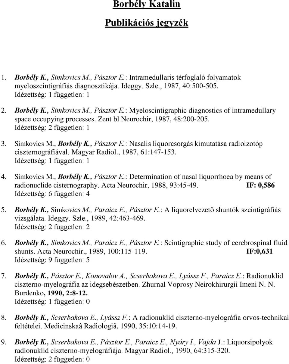 Idézettség: 2 független: 1 3. Simkovics M., Borbély K., Pásztor E.: Nasalis liquorcsorgás kimutatása radioizotóp ciszternográfiával. Magyar Radiol., 1987, 61:147-153. Idézettség: 1 független: 1 4.