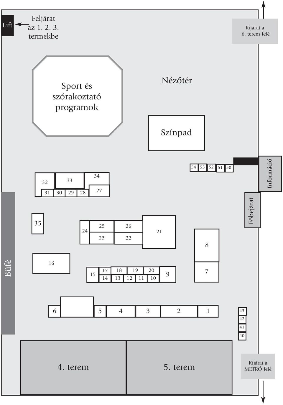 28 34 27 54 53 52 51 50 Információ 35 24 25 23 26 22 21 8 Fôbejárat Büfé