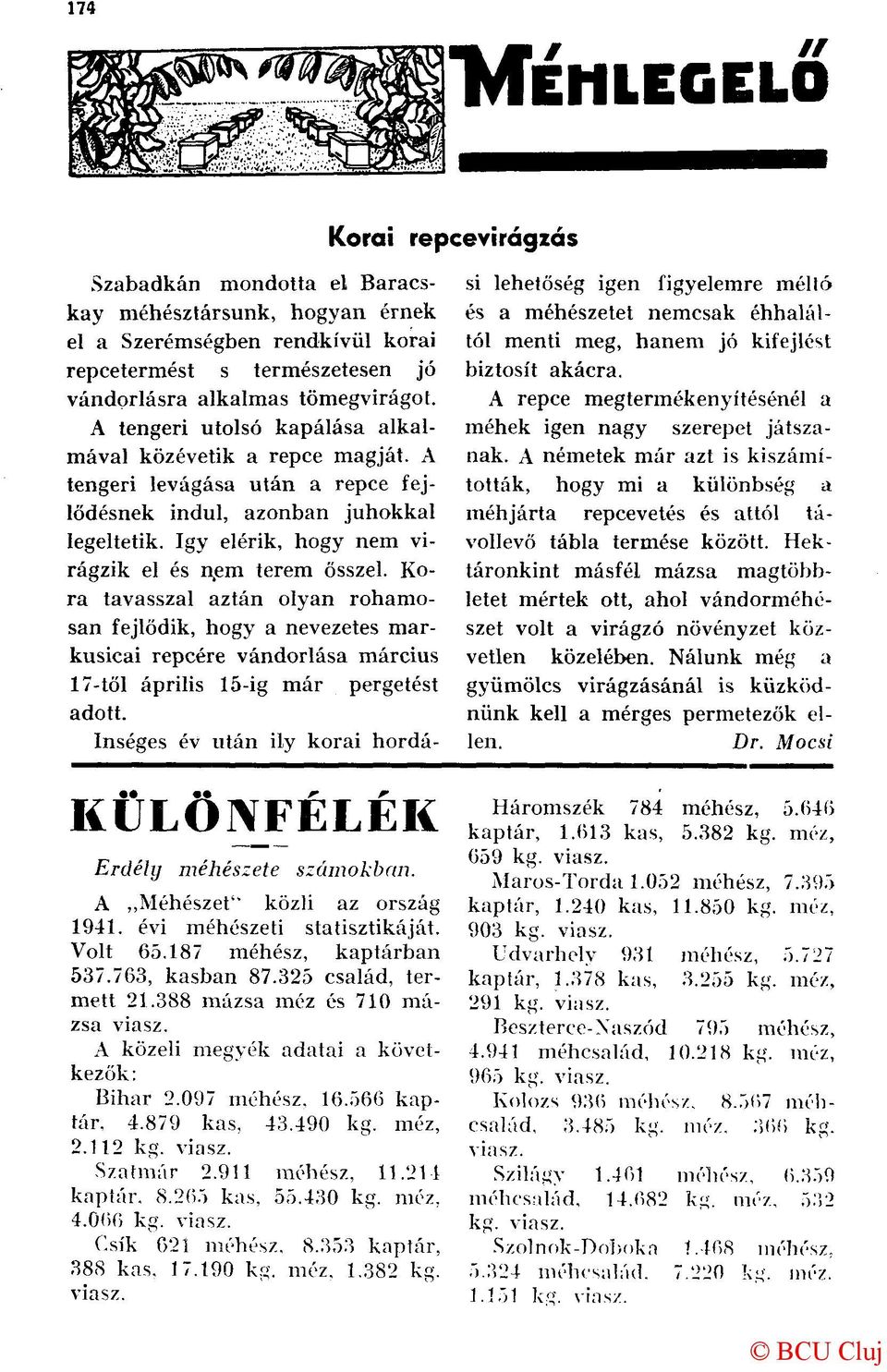 Kora tavasszal aztán olyan rohamosan fejlődik, hogy a nevezetes markusicai repcére vándorlása március 17-től április 15-ig már pergetést adott. KÜLÖNFÉLÉK Erdély méhészete számokban.