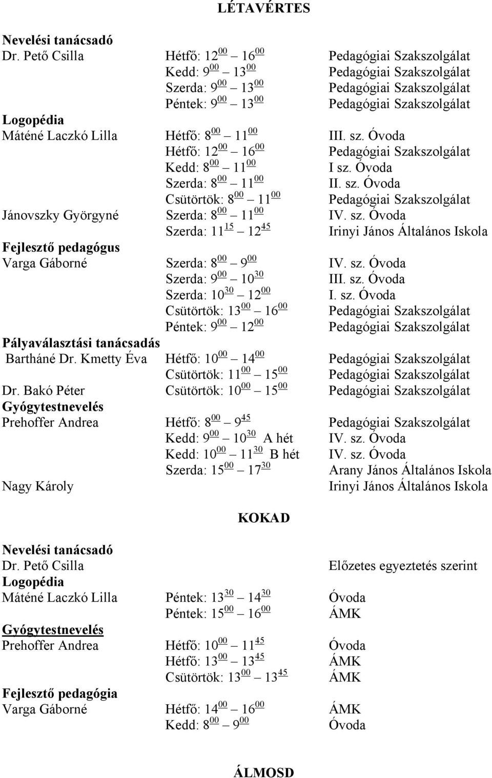 Lilla Hétfő: 8 00 11 00 III. sz. Óvoda Hétfő: 12 00 16 00 Pedagógiai Szakszolgálat Kedd: 8 00 11 00 I sz. Óvoda Szerda: 8 00 11 00 II. sz. Óvoda Csütörtök: 8 00 11 00 Pedagógiai Szakszolgálat Jánovszky Györgyné Szerda: 8 00 11 00 IV.