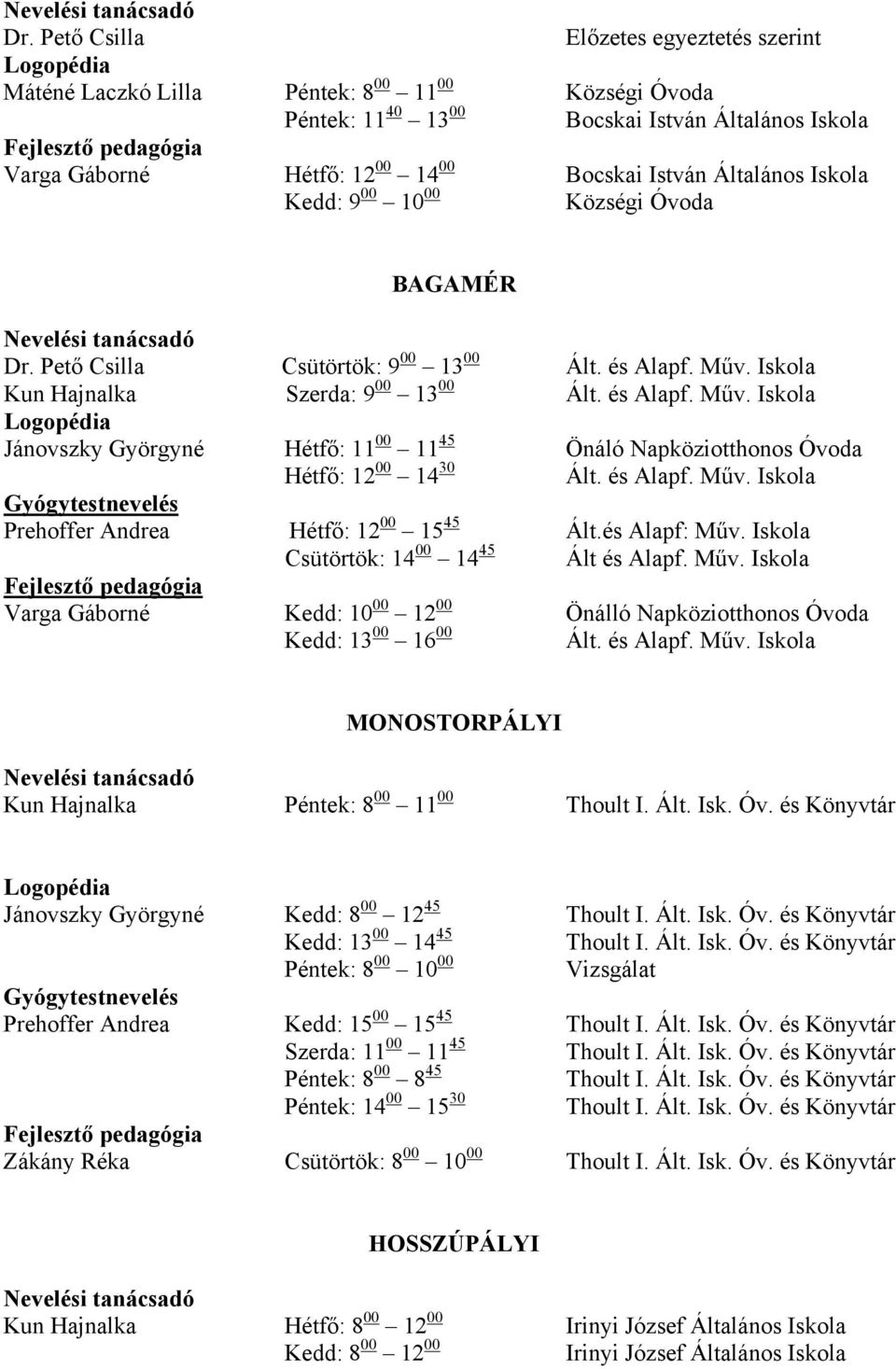 Bocskai István Általános Iskola Kedd: 9 00 10 00 Községi Óvoda BAGAMÉR  Pető Csilla Csütörtök: 9 00 13 00 Ált. és Alapf. Műv.