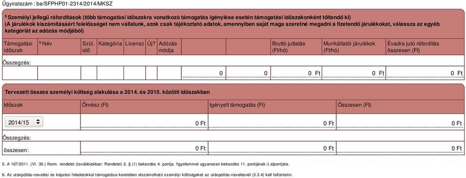 Adózás módja Bruttó juttatás (Ft/hó) Munkáltatói járulékok (Ft/hó) Évadra jutó ráfordítás összesen (Ft) 0 0 Tervezett összes személyi költség alakulása a 2014. és 2015.