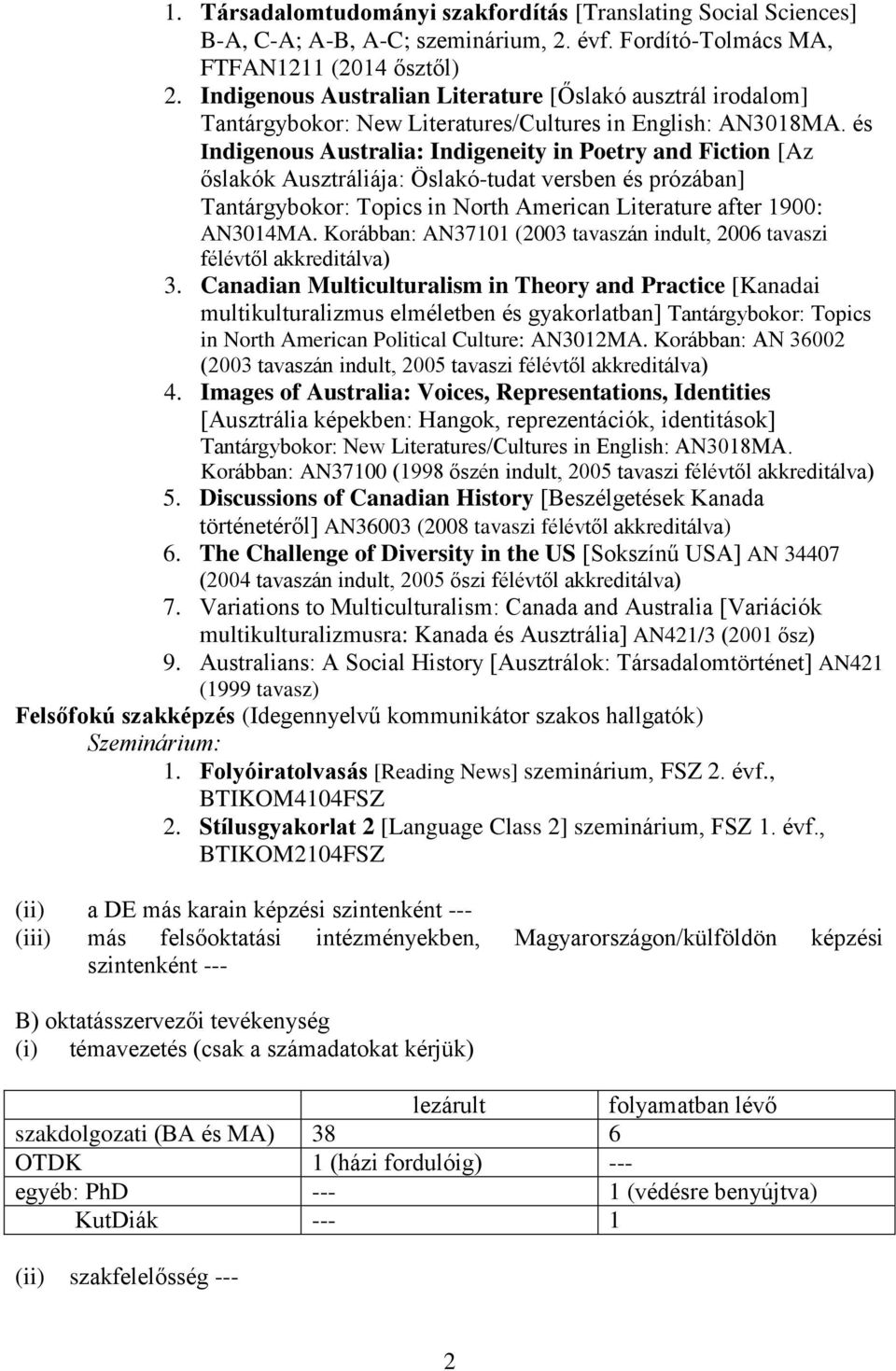 és Indigenous Australia: Indigeneity in Poetry and Fiction [Az őslakók Ausztráliája: Öslakó-tudat versben és prózában] Tantárgybokor: Topics in North American Literature after 1900: AN3014MA.