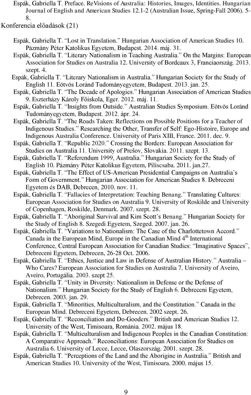 On the Margins: European Association for Studies on Australia 12. University of Bordeaux 3, Franciaország. 2013. szept. 4. Espák, Gabriella T. Literary Nationalism in Australia.