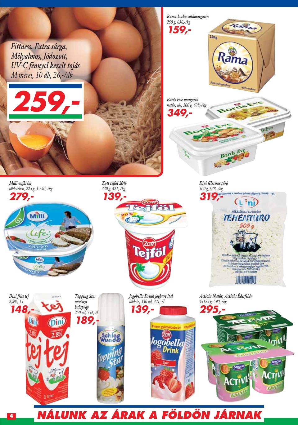 24/kg 279,- Zott tejföl 20% 330 g, 421,-/kg 139,- Dini félzsíros túró 500 g, 638,-/kg 319,- Dini friss tej 2,8%, 1 l 148,- Topping Star