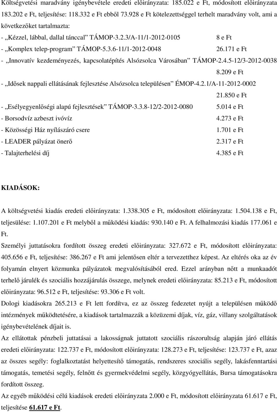 171 e Ft - Innovatív kezdeményezés, kapcsolatépítés Alsózsolca Városában TÁMOP-2.4.5-12/3-2012-0038 8.209 e Ft - Idősek nappali ellátásának fejlesztése Alsózsolca településen ÉMOP-4.2.1/A-11-2012-0002 21.