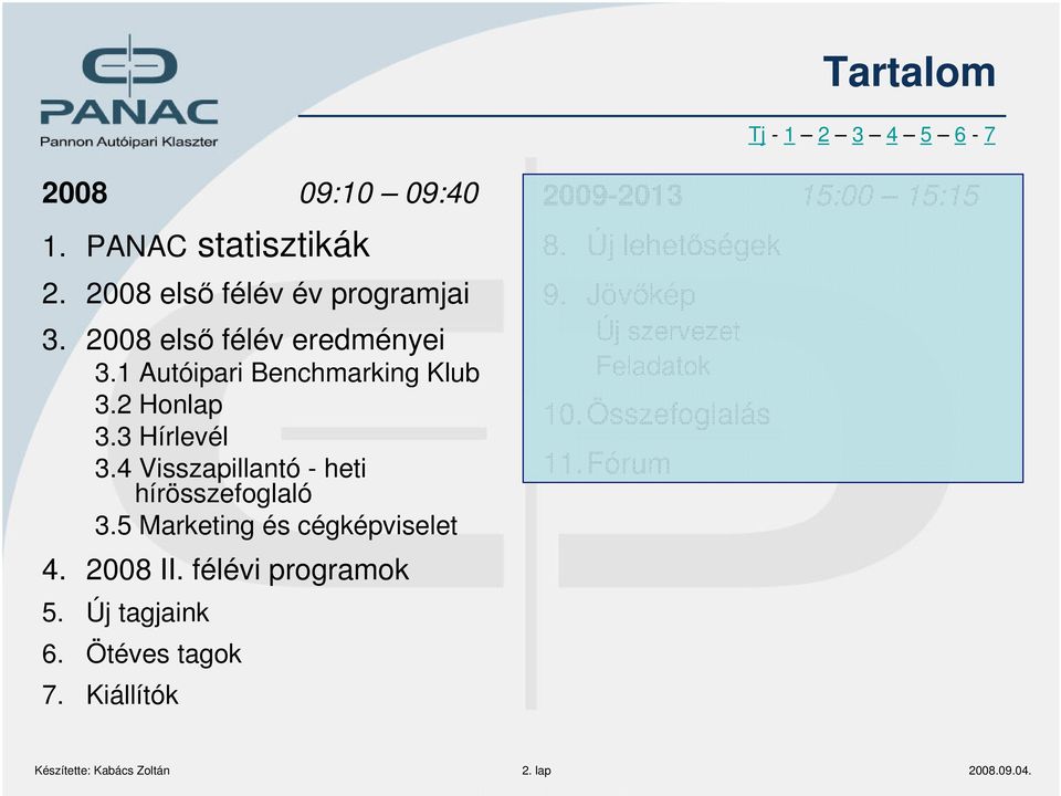 5 Marketing és cégképviselet 4. 2008 II. félévi programok 5. Új tagjaink 6. Ötéves tagok 7.