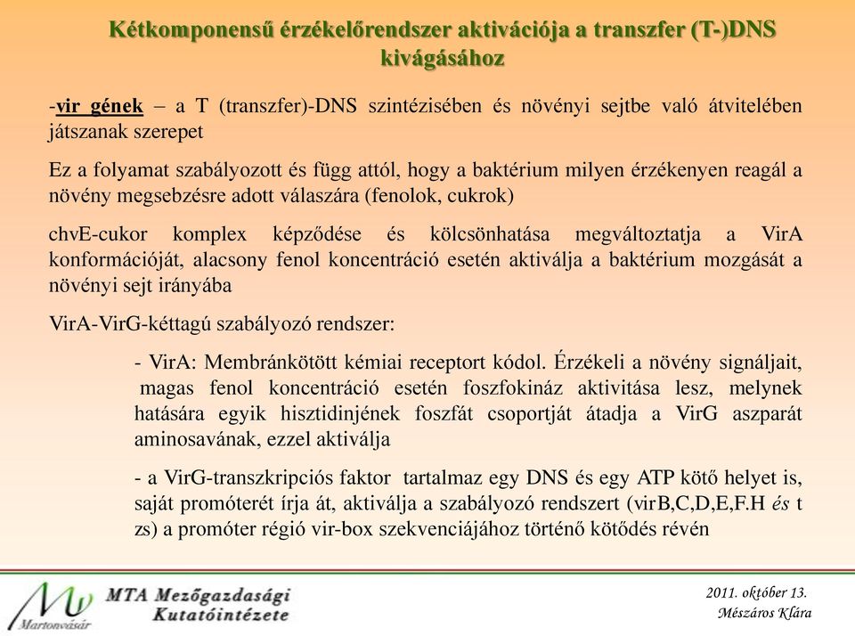konformációját, alacsony fenol koncentráció esetén aktiválja a baktérium mozgását a növényi sejt irányába VirA-VirG-kéttagú szabályozó rendszer: - VirA: Membránkötött kémiai receptort kódol.