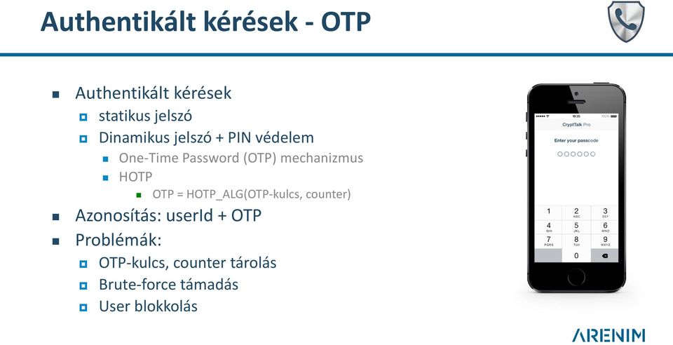 HOTP OTP = HOTP_ALG(OTP-kulcs, counter) Azonosítás: userid + OTP