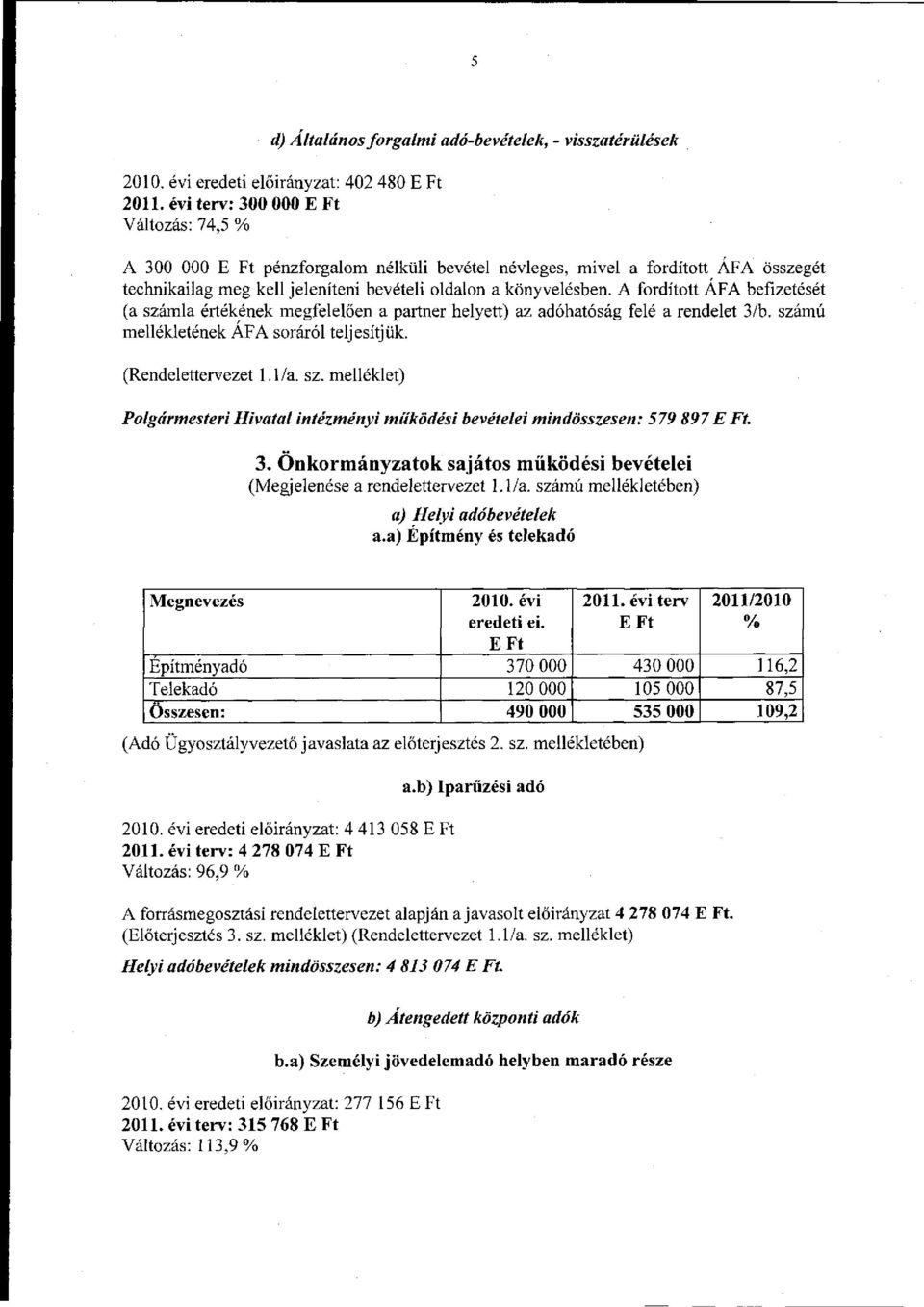 A fordított ÁFA befizetését (a számla értékének megfelelően a partner helyett) az adóhatóság felé a rendelet 3/b. számú mellékletének ÁFA soráról teljesítjük. (Rendelettervezet 1.1/a. sz. melléklet) Polgármesteri Hivatal intézményi működési bevételei mindösszesen: 579 897 E Ft.