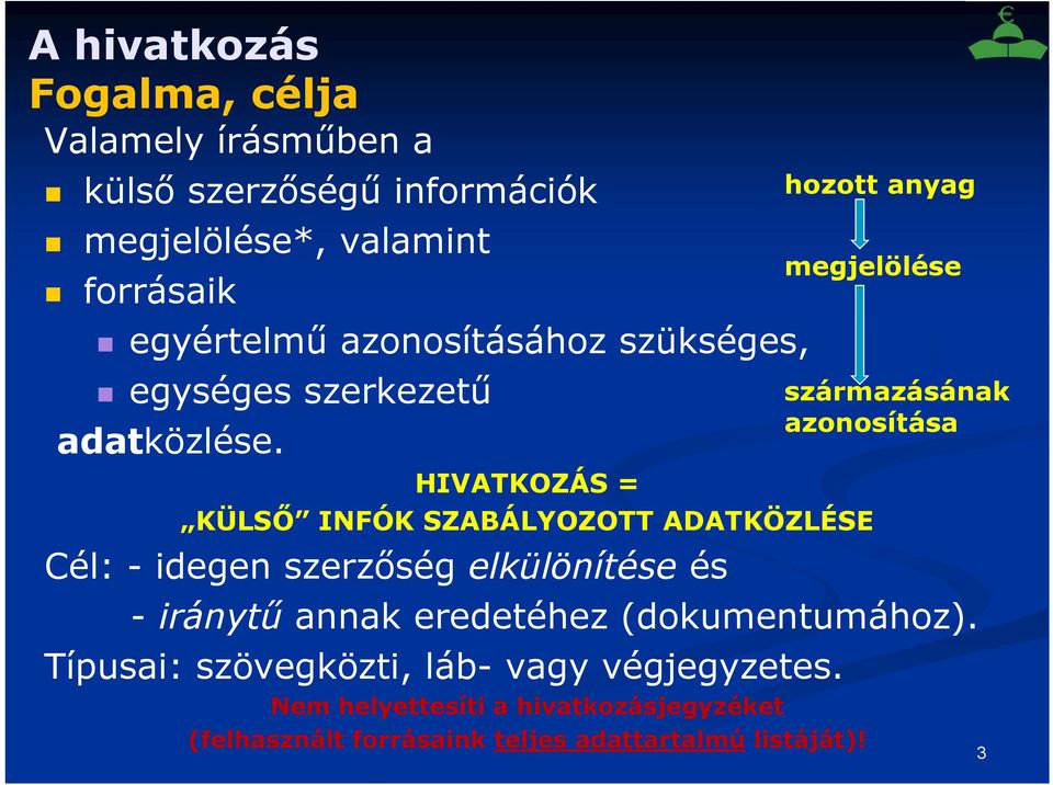 HIVATKOZÁS = KÜLSŐ INFÓK SZABÁLYOZOTT ADATKÖZLÉSE Cél: - idegen szerzőség elkülönítése és - iránytű annak eredetéhez